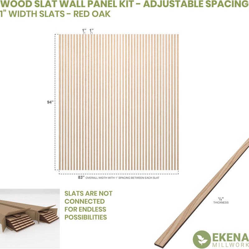 Adjustable Wood Slat Wall Panel Kit, 1"W x 94"H x 0.25"T, Red Oak