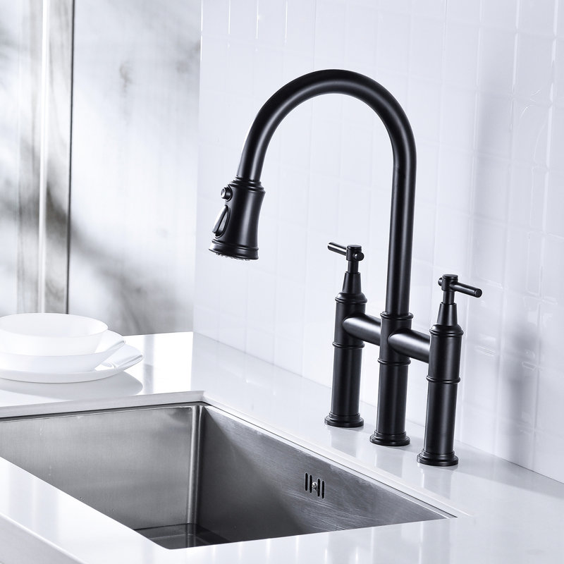 Matte Black Kitchen Faucet With Pull-Down - Dual Handle Control For Precise Flow And Temperature Adjustment 360-Degree Rotating High Nozzle Increased Cleaning Area Made Of Brass Materials Bridge