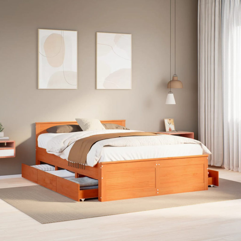 Heinle Solid Wood Storage Bed, European Double (140 x 200cm), Wax Brown