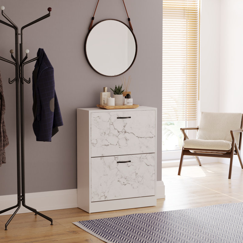 Vida 3 Drawer Flip Down Shoe Storage Free Standing Cabinet For Hallway, 80" H x 60" W x 24" D, White Marble