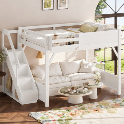 Haven Queen Size Loft Bed with Full-length Guardrails and Stairs for Kids