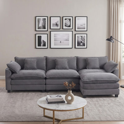 108" Corduroy Modular Sectional Sofa with Movable Ottoman, 3-Seater Deep Seat Couch with Double Cushions and 5 Pillows