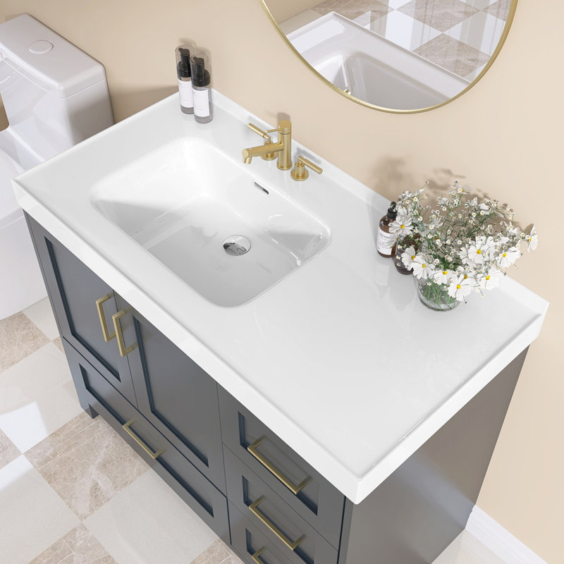Comptoir de meuble-lavabo simple 43 po x l 22 po x P 43 po avec comptoir rectangulaire à surface solide avec dosseret en H 1,38 po et trois trous de robinet pré-percés