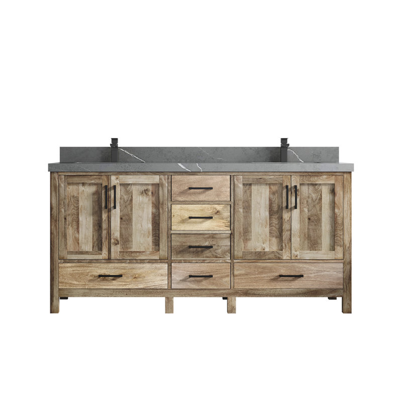 Malibu Natural Mango Double Sink Bathroom Vanity with Piatra Gray Countertop