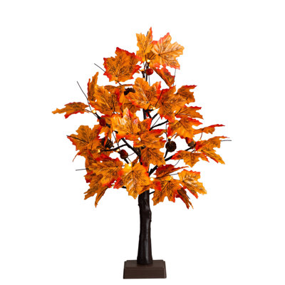 2 pi. Érable d'automne artificiel pré-éclairé avec glands, pommes de pin et 18 lumières DEL blanc chaud