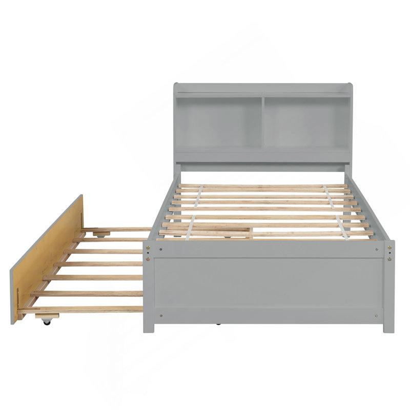 Twin Bed With Trundle,Bookcase,Grey, Twin, Gray
