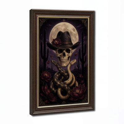 Toile de crâne portant un chapeau de cowboy avec des serpents torsadés, art mural d'Halloween