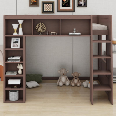 Space-Saving Wooden Loft Bed With Built-In Shelves