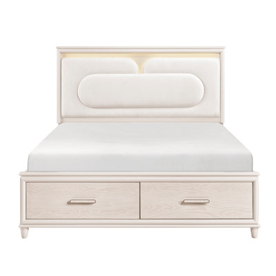 Greathel Contemporary Bed– Sculpted Headboard With Ambient Lighting & Footboard Storage