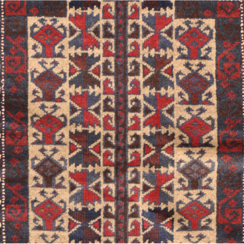 Tapis de zone en laine rouge/beige 2 pi 8 po x 4 pi 7 po one-of-kind à la main noué la balouchi Baurzhan