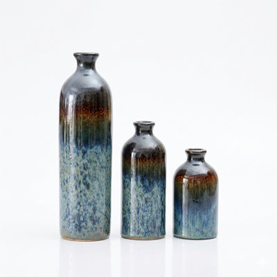 Ensemble de 3 vases rustiques en céramique émaillée réactive terre multi-tons, fait à la main des bouteilles décoratives graduées pour Boho