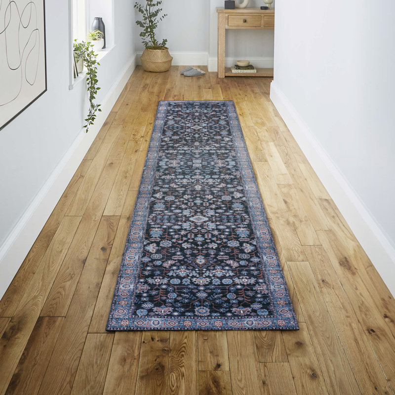 Tapis noir / bleu Sarok All-Over Persan, Tapis de couloir 2 pi x 8 pi