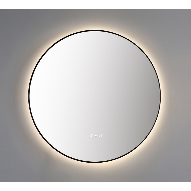 Miroir 30 po avec cadre en métal noir mat rétro-éclairé et cadre anti-buée, Noir mat, 29,52 po x 29,52 po, Rond
