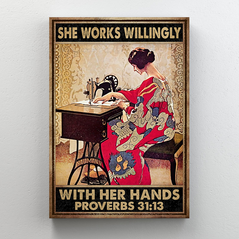 «Sewing Girl - She Works Will volonting With Her Hands», toile tendue avec châssis - Illustration de couture, décoration de salon rouge et brun
