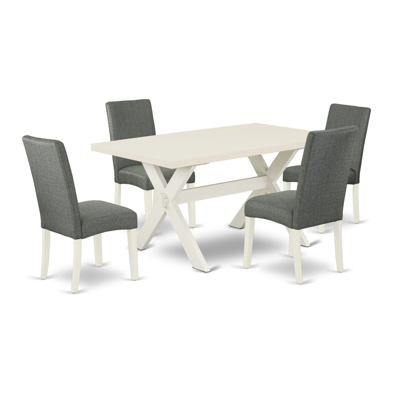 5 Piece Dining Table Set for 4 Includes a Rectangle Kitchen Table with X-Legs and 4 Gray Linen Fabric Parsons Dining Chairs, linen white