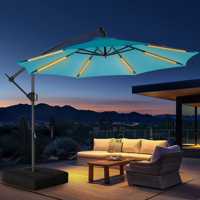 Parasol en porte-à-faux de 120 po, parasol de patio suspendu décalé de 10 pi avec 32 lumières DEL et inclinaison facile, abat-jour de parasol extérieur commercial pour la cour, la piscine, la plage et le jardin
