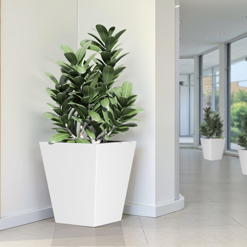 Tall Metal Tapered Planter – Large Outdoor & Indoor Garden Plant Pot With Drainage Hole And Rubber Plug, White