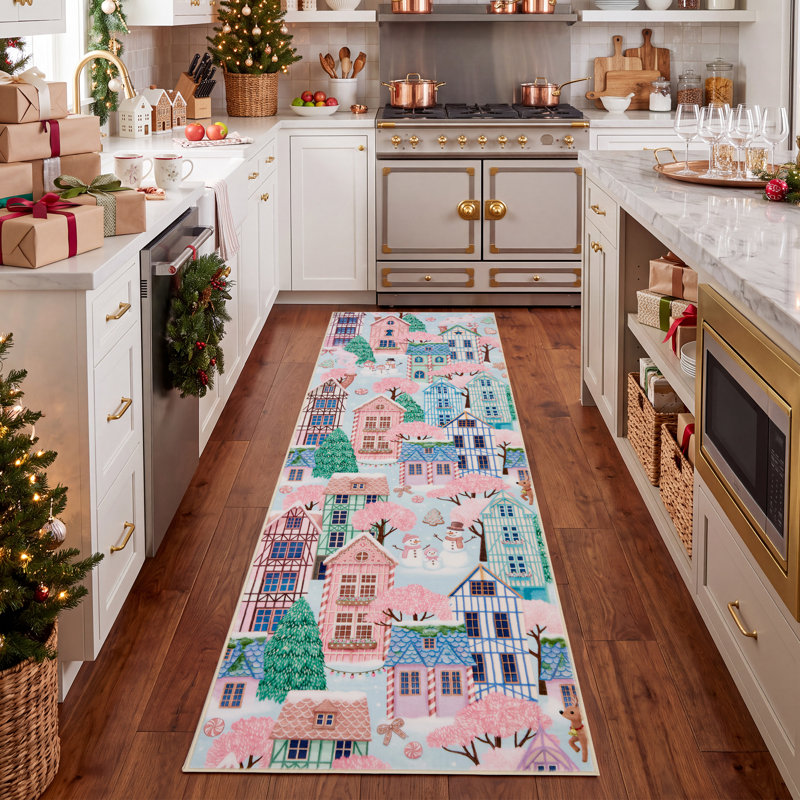 Tapis de Noël Village d'hiver Bonhomme de neige et rennes, Rose, 2 x 8 pi