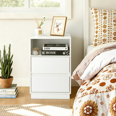 15.7" White Nightstand, P2 Particleboard, Matte Melamine, Beveled Drawer, 2 Drawers