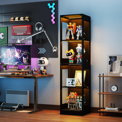 4 Tier Display Cabinet With Glass Doors, Cupboard Bookcase With 3 Color Led Light, Sensor Switch