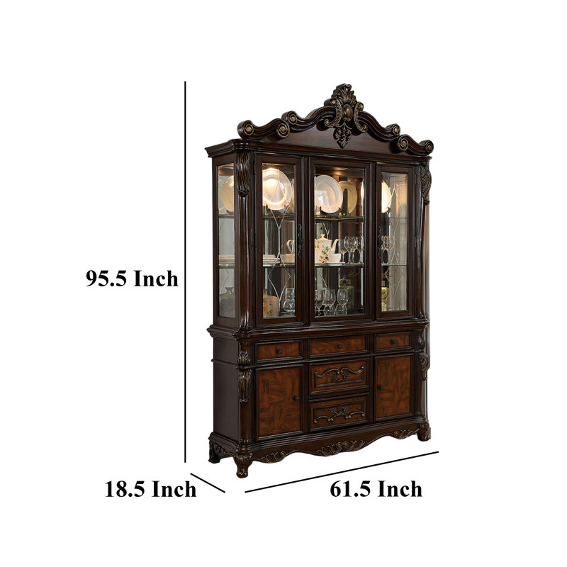 Zenie Buffet Cabinet and Hutch, Classic Carved, Cherry Brown Solid Wood, Cherry Brown