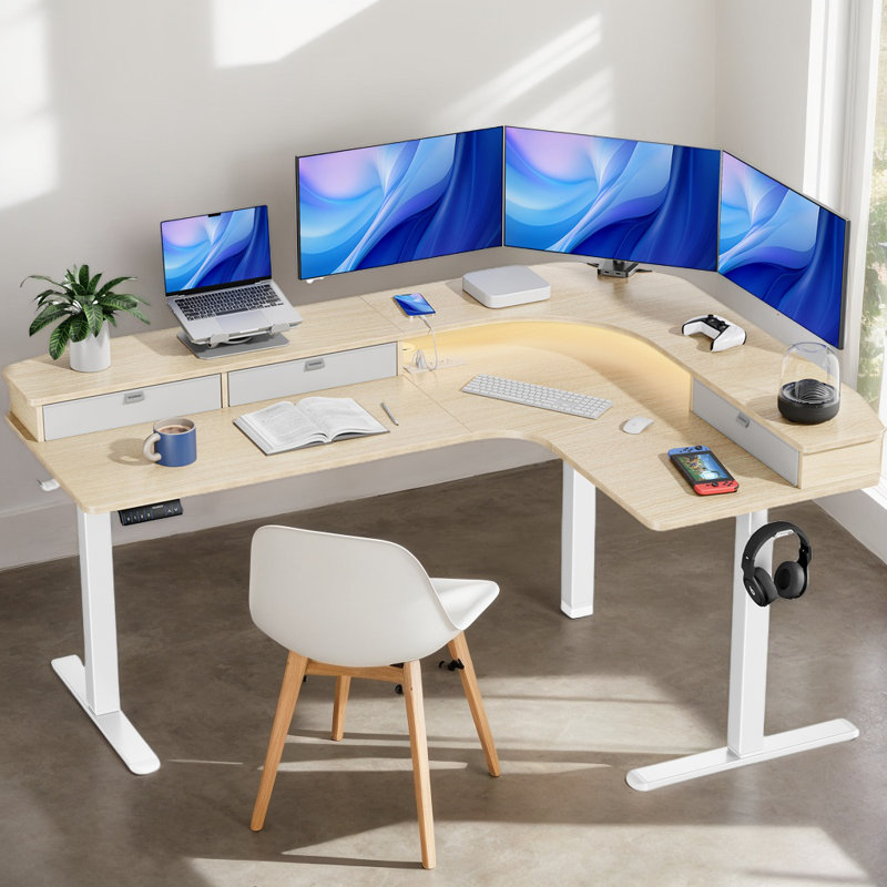 63" Height Adjustable L-Shaped Desk With Power Outlets & 3 Drawers, Standing Desk For Home Office, Beige/White