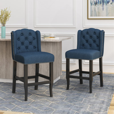 Ensemble de 2 tabourets de comptoir à oreilles capitonnés en tissu Vienna Vienna, bleu marine et brun foncé