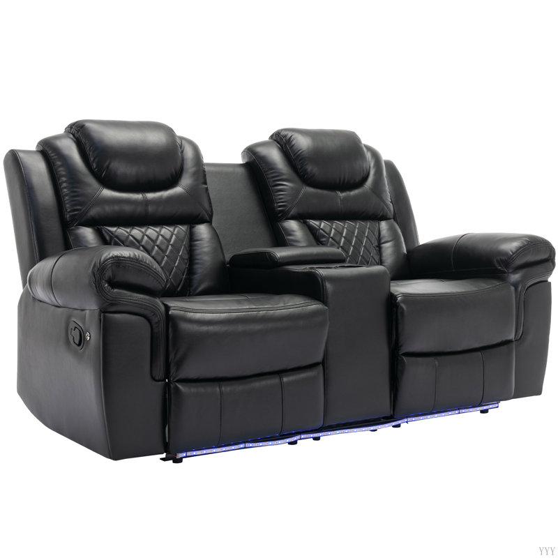 Causeuse de cinéma maison inclinable manuelle avec rangement escamotable, porte-gobelets et bande lumineuse à DEL pour le salon