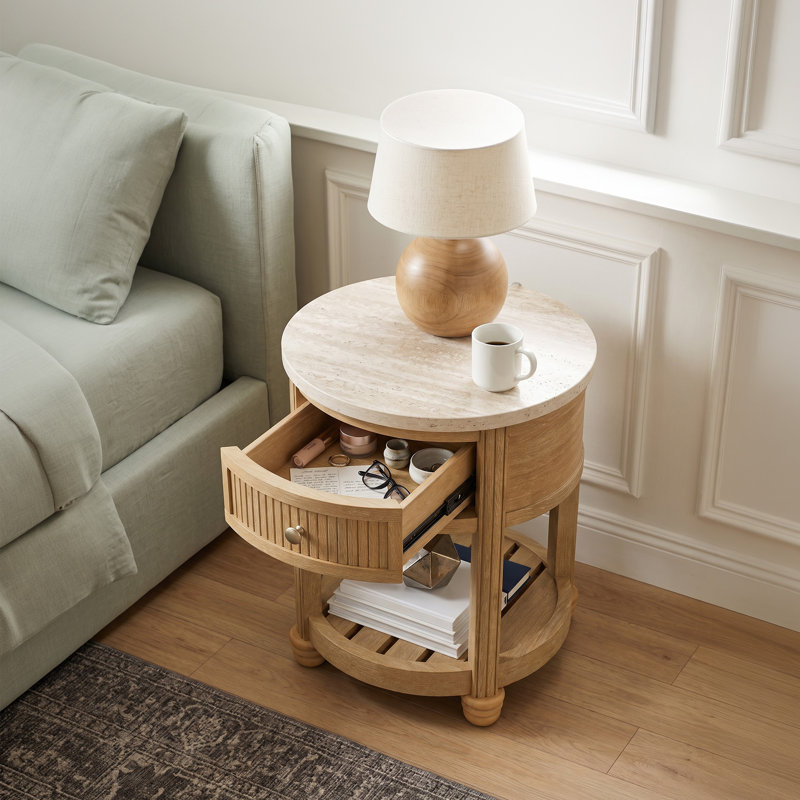 Table d'appoint ronde COLAMY VERSE cannelée, plateau d'aspect pierre et rangement