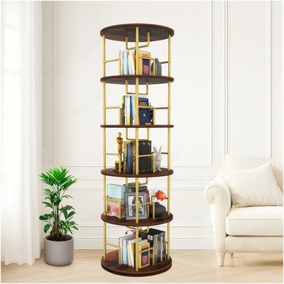 Bibliothèque rotative à 5 niveaux, bibliothèque rotative à 360 °, bibliothèque pivotante empilable en bois et en métal, bibliothèque pivotante à fixation au sol peu encombrante pour chambre à coucher, salon, bureau, or