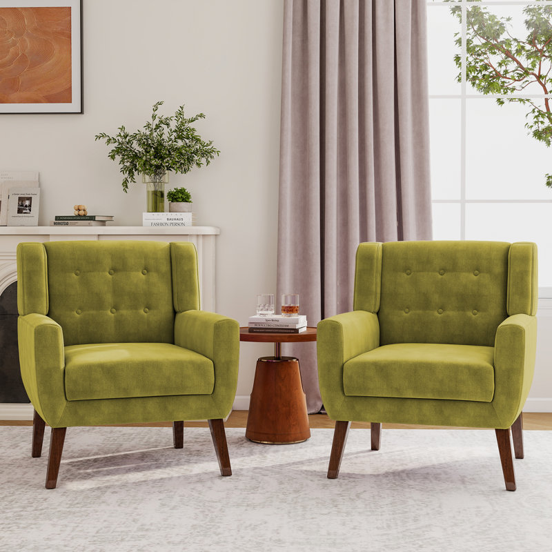 Stephanny 27.5" Wide Tufted Armchair with Solid Wood Legs, Green Velvet