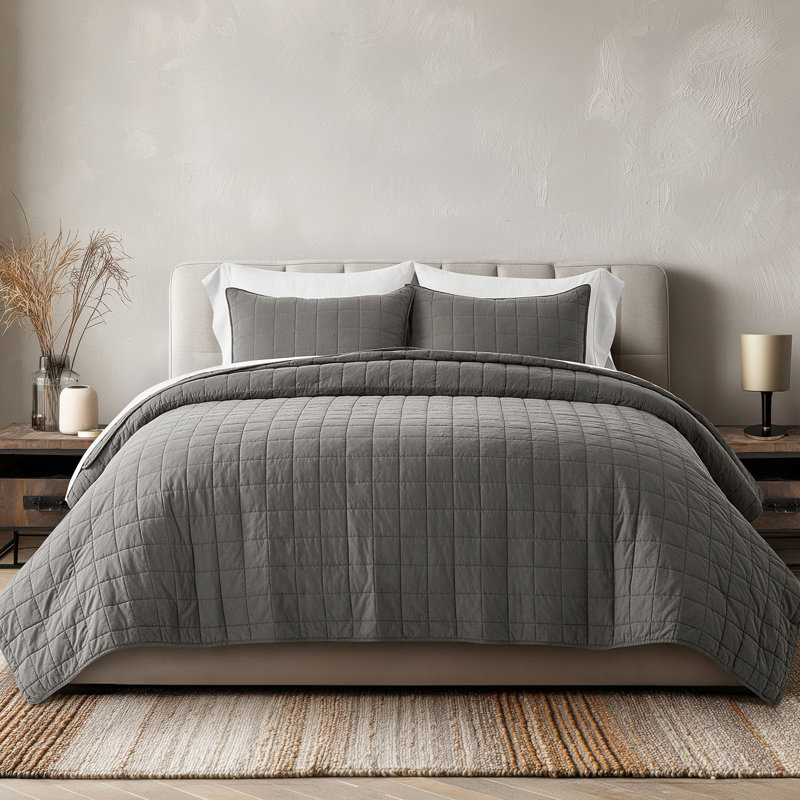 100% Cotton Box Stitch Quilt Set, King Quilt + 2 King Shams, Dark Gull Gray