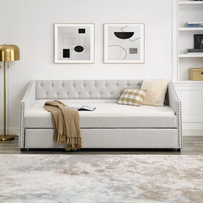 Lit de jour simple avec canapé-lit rembourré capitonné de taille simple, avec bouton sur le dos et clou en cuivre sur les accoudoirs ondulés