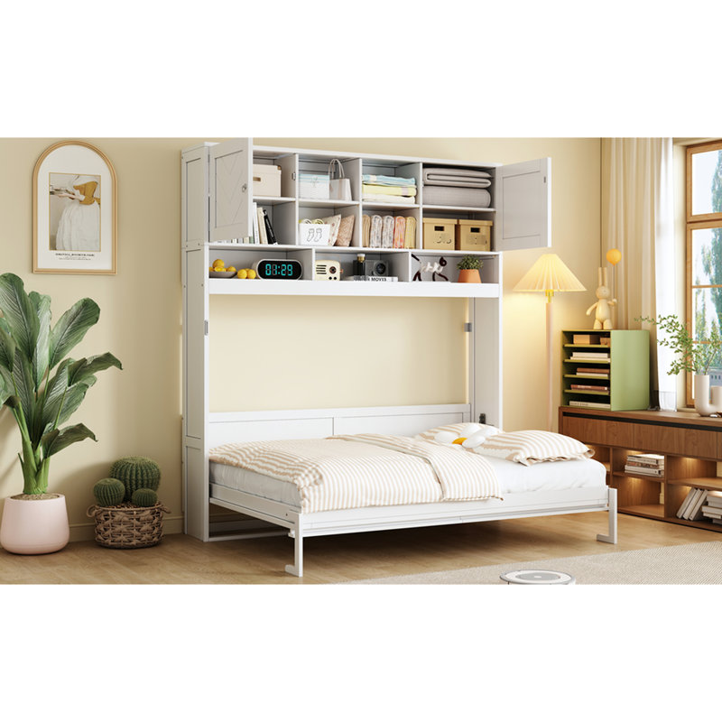 Grand lit blanc avec rayures, fixé au mur pour optimiser l’espace dans la pièce, pouvant accueillir 6 matelas de 8 pouces, avec rangement spacieux, levage hydraulique en douceur, capacité de 600 lb