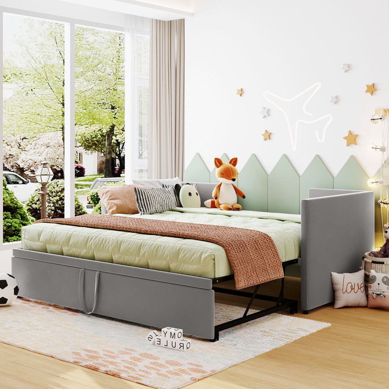 Twin Size Upholstered Daybed With Pop Up Trundle, Gray