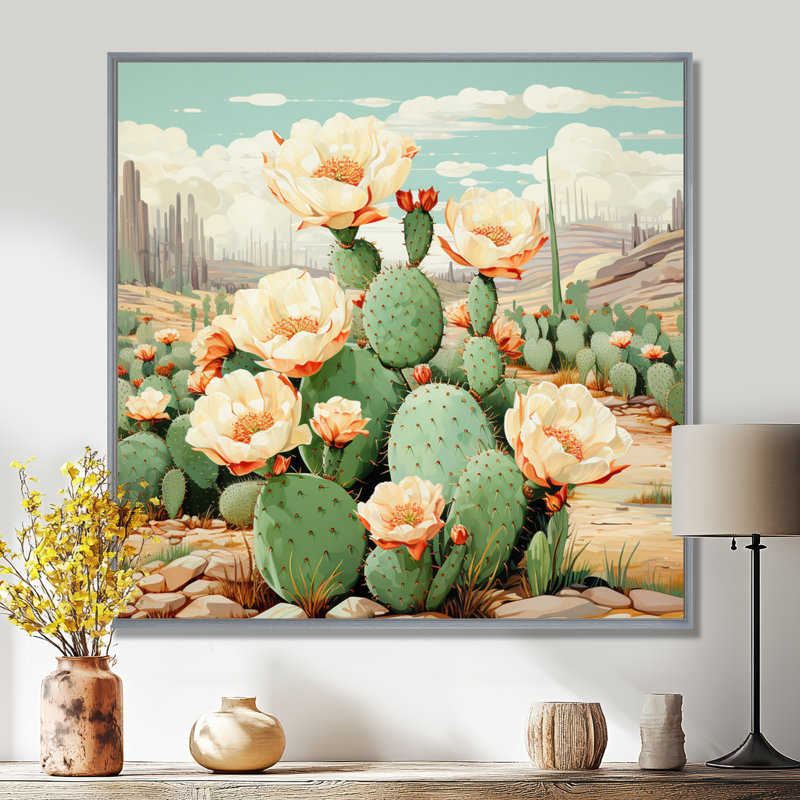Cactus vert corail, désert, pointillisme IV - art mural grand cactus, H 24 po x l 24 po x P 1 po, Encadrement argenté