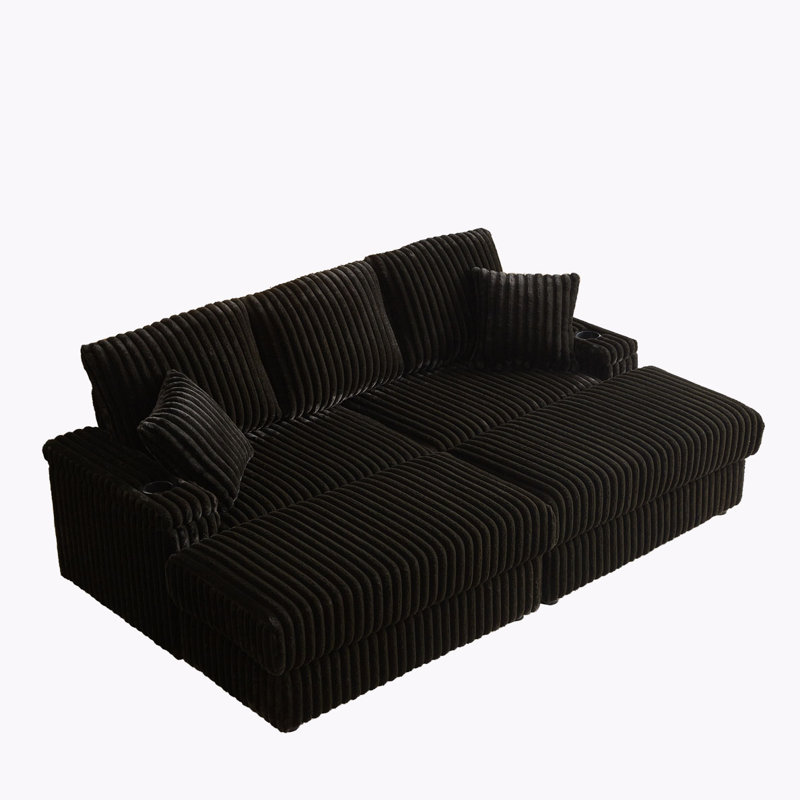Corduroy 3-Seater Sofa With 3 Back Pillows, 2 Toss Pillows , A Ottoman, 2 Storage Spaces And Cup-Holding Grooves