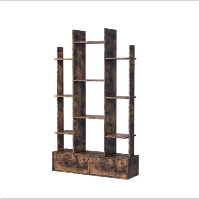 Bookshelf with 2 Drawers, Industrial Freestanding Open Display Shelving, Vintage Open Bookcase, 12 Storage Shelves, Book Case for Bedroom, Living Room, Home Office