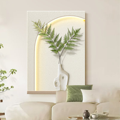 Décoration murale Wabi-Sabi avec vase incurvé et feuillage vert
