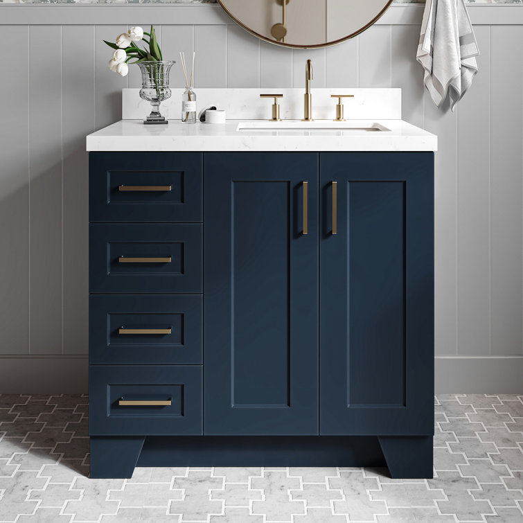 Freitas 36'' Solid Wood Single Bathroom Vanity with 1.5'' Carrara Quartz Top, Right Offset Rectangular Sink