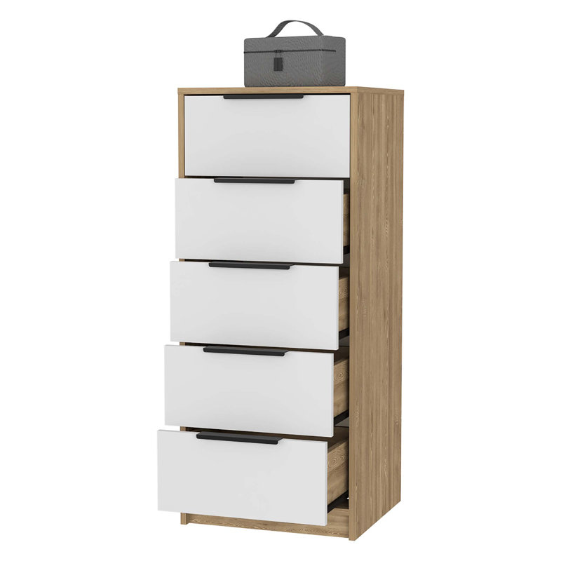 Commode 5 tiroirs, commode verticale, Naturel / Blanc