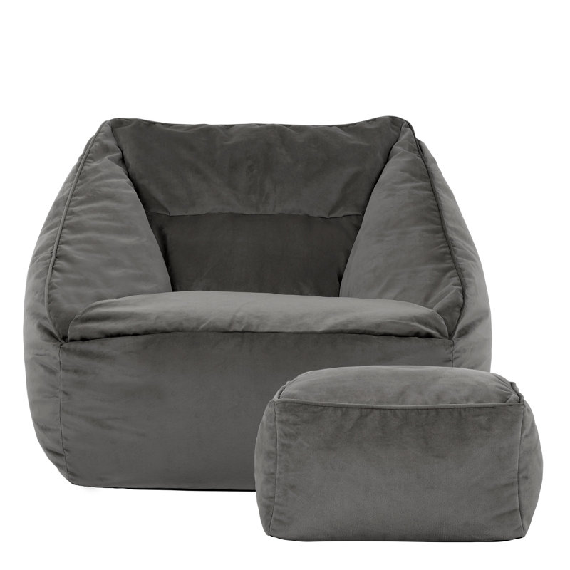 Bean Bag Bazaar Natalia Velvet Armchair Bean Bag and Square Footstool, Charcoal Grey