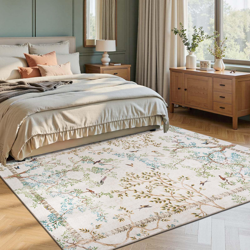 Floral Rug Botanical Birds Print Nature Plants Washable Non-slip Natural Ivory, Rectangle 6' x 9', Ivory