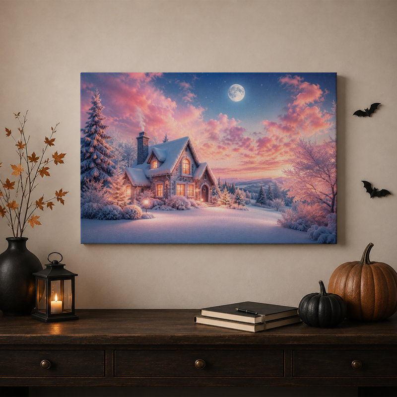 Maison en pierre enneigée sous la pleine lune - Toile murale d'Halloween, H 28 po x l 40 po
