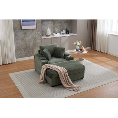 Corduroy Upholstered Chaise Lounge Sofa with Handrail Storage, Movable Ottoman, and Cupholders for Comfortable Living and Office Relaxation