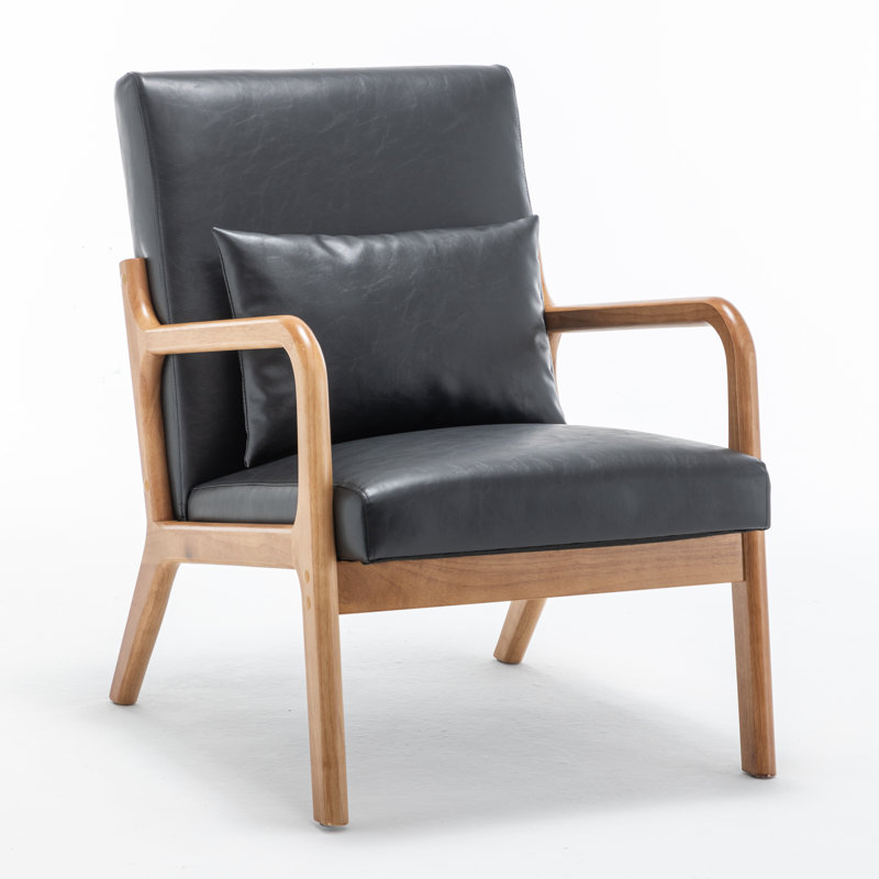 Armchair With Wooden And Leather Upholstery, Black