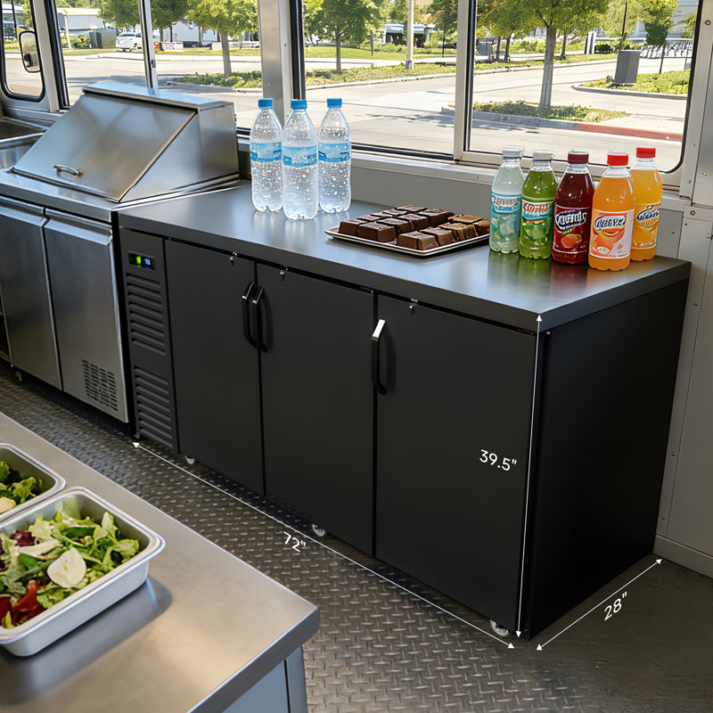 Réfrigérateur à barre arrière de 72 po de largeur Coolake avec comptoir en acier inoxydable, réfrigérateur à barre à hauteur de comptoir de 24,2 pieds cubes avec roulette, 3 portes pleines, armoire de refroidissement à barre arrière avec éclairage à DEL pour la bière de restaurant