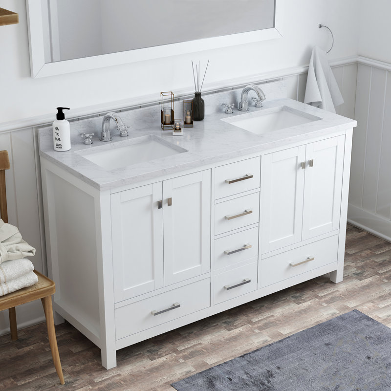 60 In. W X 22 In. D X 35.4 In. H Bathroom Vanity In Gray With White Top And Basin, White