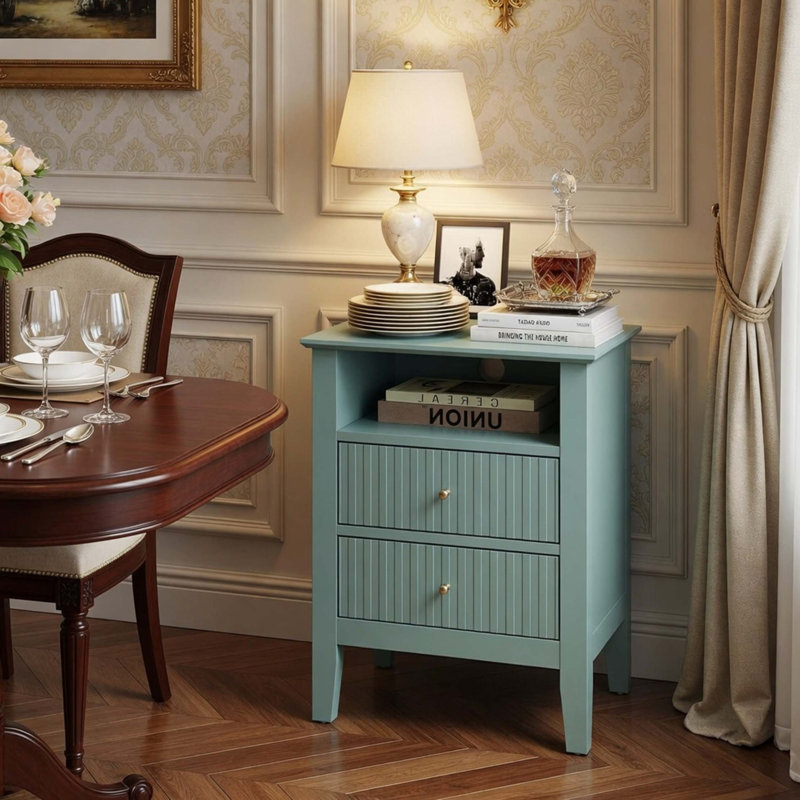 Table de chevet cannelée élégante avec rangement à fermeture en douceur, Vert