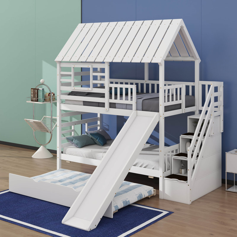 Twin Over Twin Bunk Bed With Trundle, White